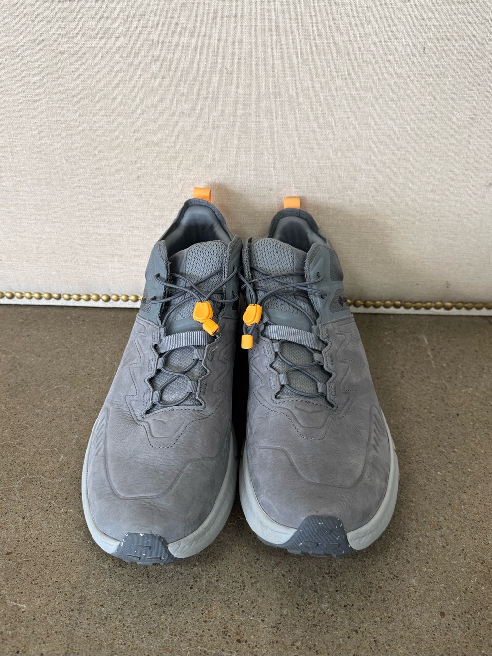 Hoka One One Men's Grey Suede Athletic Shoes with Orange Accents
